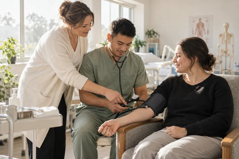 Instructor and adult learners in a healthcare training room