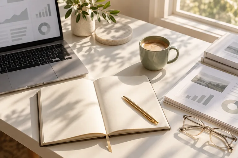 Notebook, planning documents and laptop on a sunlit desk