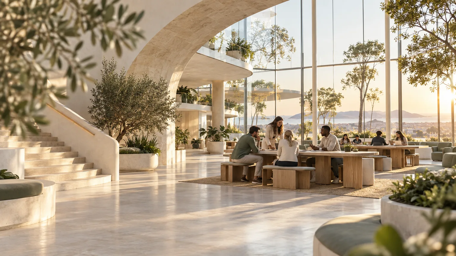 A luminous imagined learning campus with adult learners, curved architecture and afternoon light