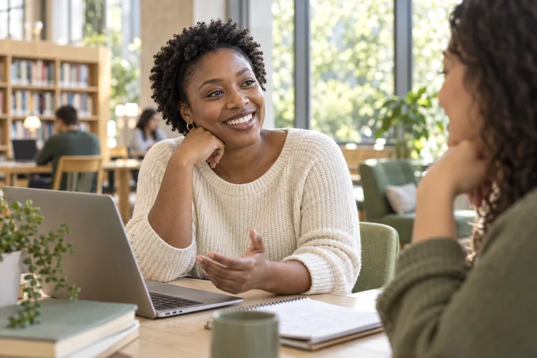 Adult learner enjoying a conversation on campus