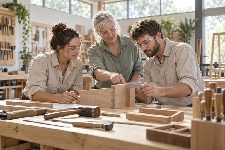 An instructor and apprentices reviewing a timber joint